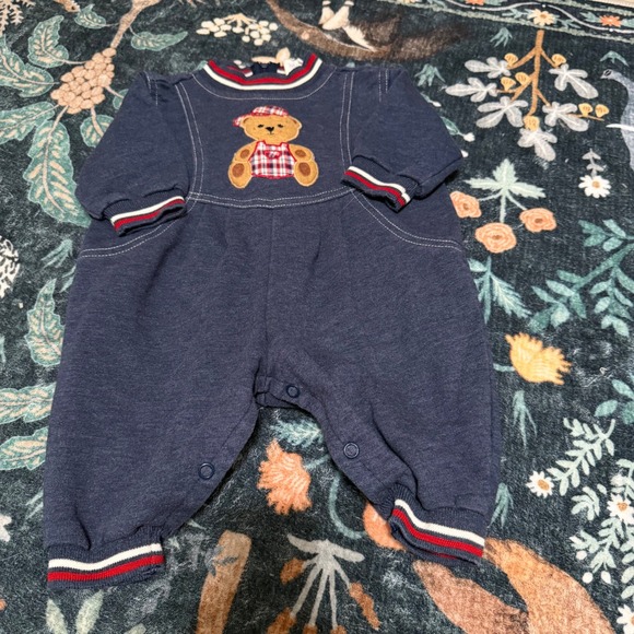 Vintage Other - Vintage Baby Boy 3-6 Teddy Bear Plaid Applique Navy Romper Long Sleeve outfit